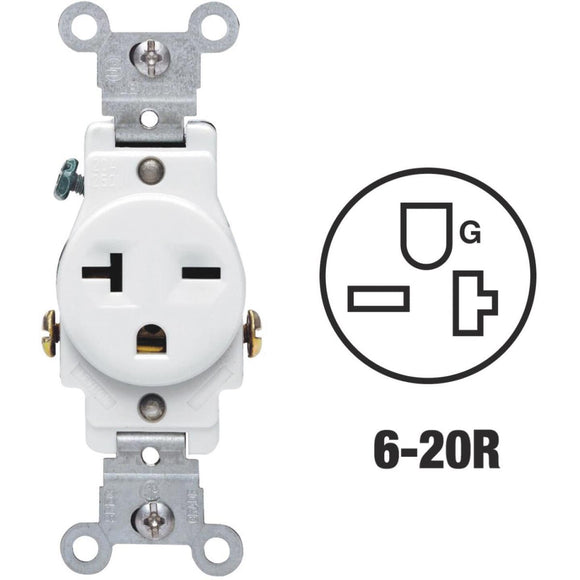 Leviton 20A White Heavy-Duty 6-20R Grounding Single Outlet