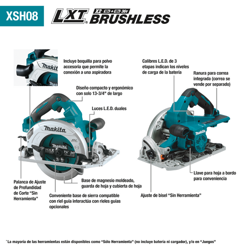 Makita 36V (18V X2) LXT® Brushless Circular Saw with Guide Rail Compatible Base, Tool Only (7‑1/4”)
