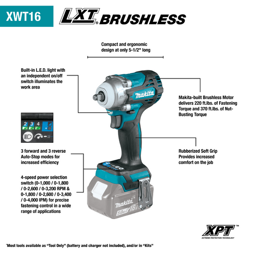 Makita XWT16Z 18V LXT® Lithium‑Ion Brushless Cordless 4‑Speed 3/8 Sq. Drive Impact Wrench w/ Friction Ring Anvil, Tool Only