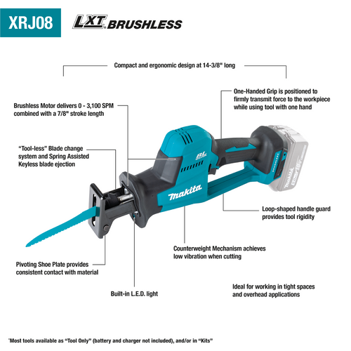 Makita XRJ08Z 18V LXT® Lithium‑Ion Brushless Cordless Compact One‑Handed Recipro Saw