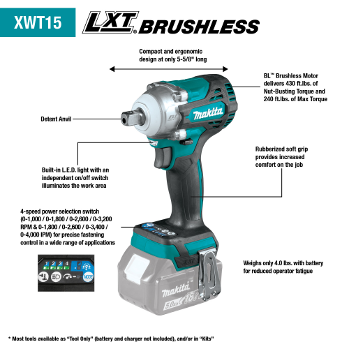 Makita XWT15Z 18V LXT® Lithium‑Ion Brushless Cordless 4‑Speed 1/2 Sq. Drive Impact Wrench w/ Detent Anvil, Tool Only
