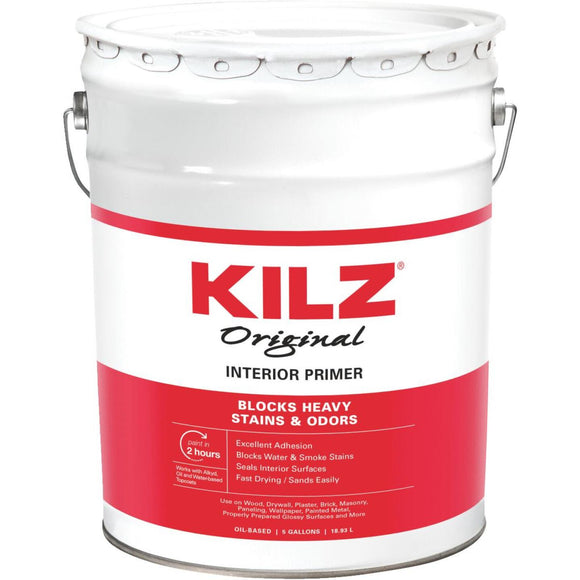 Kilz Original Oil-Based Low VOC Interior Primer Sealer Stainblocker, White, 5 Gal.